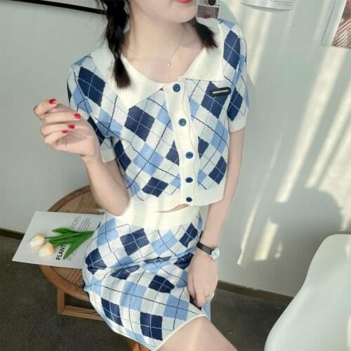 Womens Sets Retro POLO Collar Ice Silk Blouse Skirt Two Piece Sets Short Plaid Fashion Knitted Suits Original Short Sleeve Suits