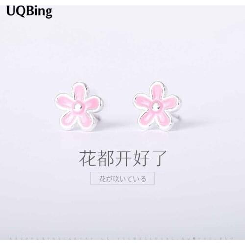 2019 Fashion Enamel Pink Flower 925 Sterling Silver Stud Earrings Jewelry Pendientes Brincos Fashion Jewelry