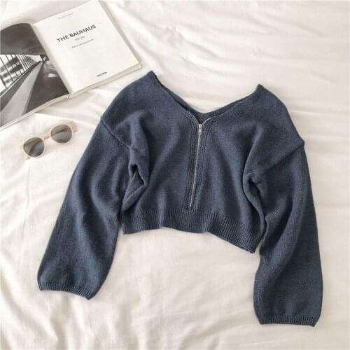 Knitted sweater feminine 2021 pure color ladies longsleeved casual thin chic zipper knitted sweater Korean version special autum