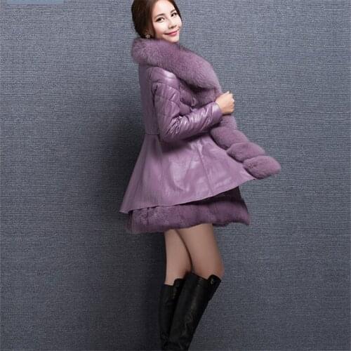 Medium Long Size Large Size Fur Coat Female 2019 Winter Fashion New Imitation Fox Fur Collar Fur PU Long Sleeve Warm Coat Tide