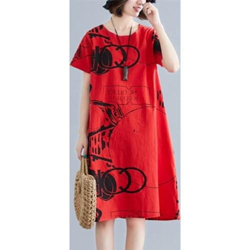 2021 New Loose Summer Dress Tie Dye Print Letter Short Sleeve Holiday Beach Casual Dress Women Cotton Linen Vintage Dress