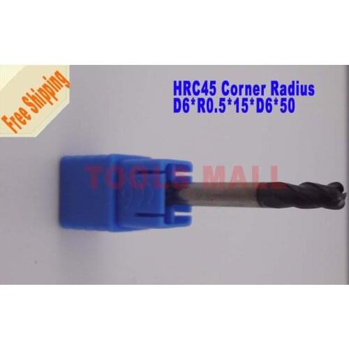 Free shipping - 6pcs 6mm 4Flutes corner Endmill Radius Spiral Bit Milling Carbide CNC Router bits hrc45 D6*R0.5*15*D6*50