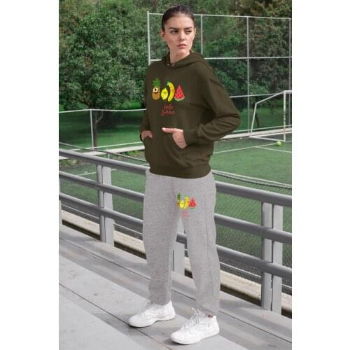 Angemiel Wear Hello Summer Tropical Women Tracksuit Set Green Hooded Sweatshirts Gray Sweatpants