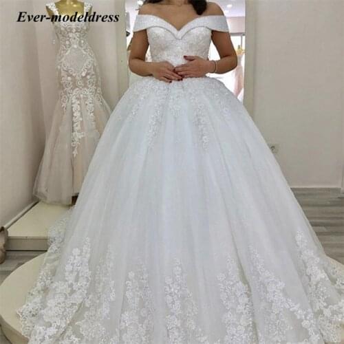 2021 Princess Ball Gowns Wedding Dresses Beading Lace Up Back Off Shoulder Applique Floor Length Bridal Dress Vestido De Noiva