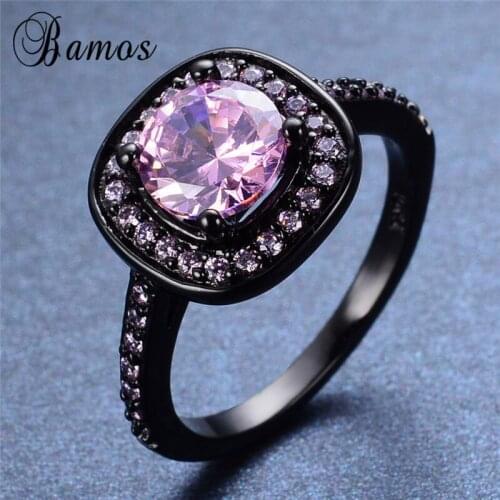 Bamos New Fashion Black Gold Filled Engagement Jewelry Round Romantic Pink AAA Zircon Rings For Women Best Finger Accessories