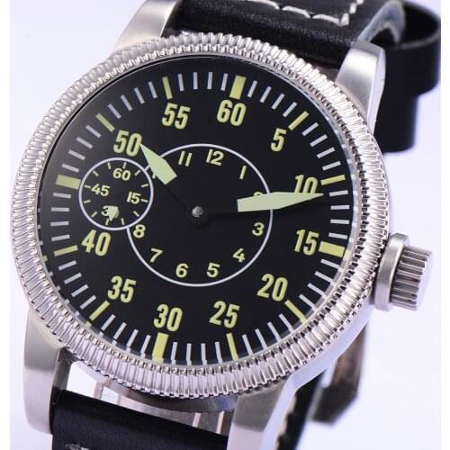 Corgeut 45mm Black Sterile Dial Green Marks 6497 Men Hand Winding wristWatch mens luminous dial hands 316SS case high quality