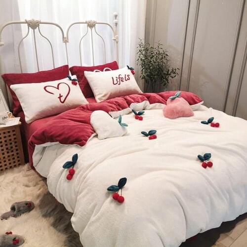 J1 White Pink Gray Cherry Winter Warm Flannel Velvet Fleece Princess Girl Bedding set Duvet Cover Bed Sheet Pillowcases