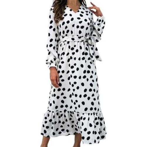 50%HOTDot Print Ruffle Large Hem Midi Dress Elegant V Neck Puff Long Sleeve Autumn Dress Sundress