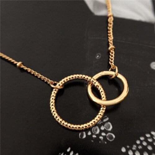 Simple Antique Gold Color Plating Two Circle Linked Necklace For Women Girl Casual Trendy Bohemia Basic School Jewelry Accessory