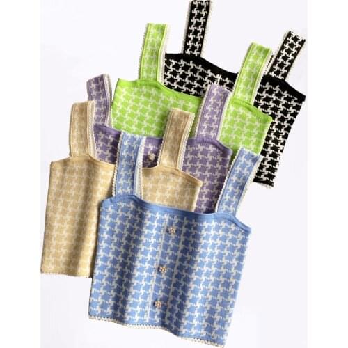 Fashion Summer casual Vintage houndstooth knit camisole womens tops outer knit cami top sweater plaid V-neck top Camis clothes