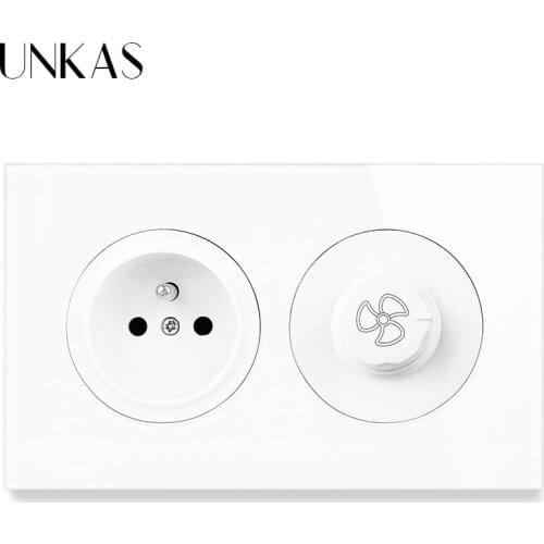 UNKAS French Wall Socket +Female Built-in Fan Controller Regulator Speed Modulator Switch Glass And Black Aluminum Panel Outlet