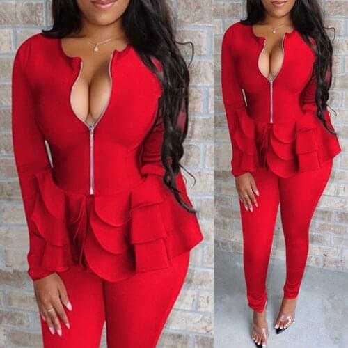 2 Piece Outfits Women Bodycon Long Pants and Blazer Set Ruffle Hem Sleeve Zipper Peplum Blazers Top Solid Color Sexy Winter Suit