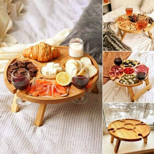 2 In 1 Outdoor Portable Wine Table Mini Wooden Round Foldable Picnic Table Easy Carry Desk Furniture Party Travel Outdoor Tools
