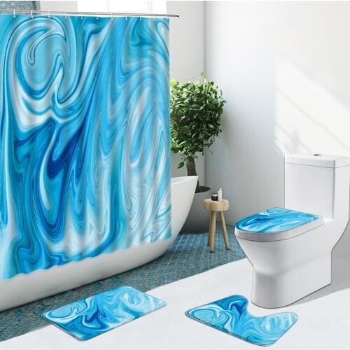 4Pcs Luxury Blue Geometric Shower Curtains Lines Flower Green Leaves Bathroom Set Non-Slip Rugs Toilet Cover Bath Mat Carpet Pad