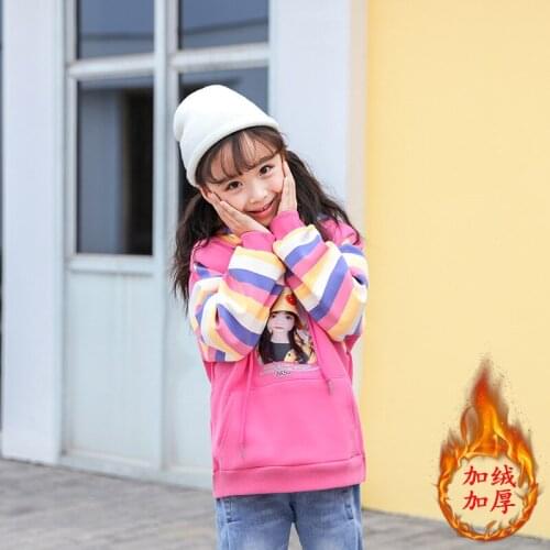 Girls' Big Kids Plus Fleece Hooded Sweater 2020 New Childrens Western Style Thick Autumn and Winter Girls Print Top