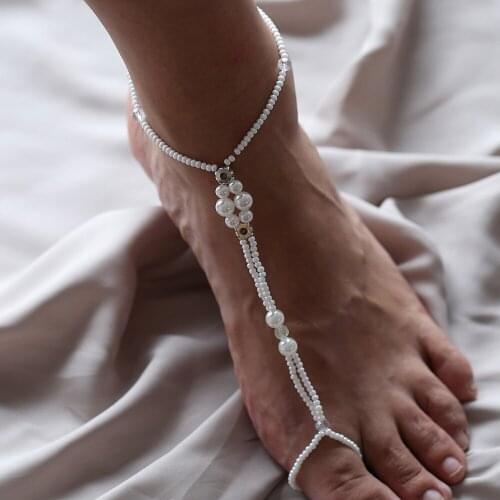 Summer Beach Style Imitation Pearl Beaded Elasticity Toe Ring Anklets For Women Girls BohoFoot Jewelry Barefoot Sandals Anklet
