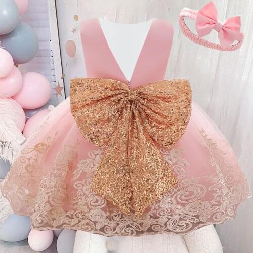 Toddler Baby Girls Birthday Dress For 1 Year Newborn Baptism Kid Clothes Sequin Big Bownot Elegant Christening Party Lace Dress