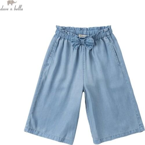 DKS17578 dave bella summer 5Y-13Y kids girls fashion bow solid pockets pants children boutique casual calf-length pants