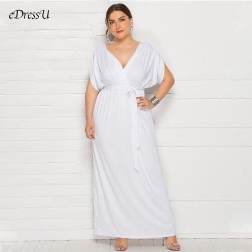 EDressU Long Plus Size Evening Party Dress V Neck Stretchy White Vestido Robe de Soiree Wedding Guest Dress LMT-FP3310