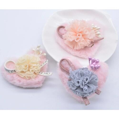 6Pcs 50*45mm Padded Plush Heart with Bow Ball Bouquet Appliques for DIY Clothes Hat Leggings Headwear Shoes Sewing Patches