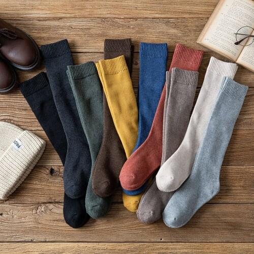 Winter New Womens Thick Warm Long Cotton High Quality Solid Color Harajuku Vintage Wool Socks 3 Pair