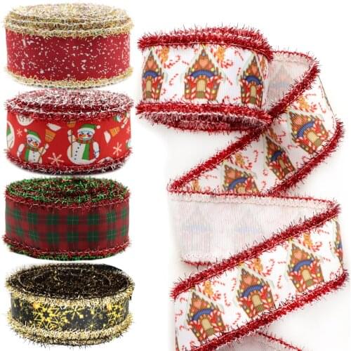 2Y 25/38/75mm Christmas Santa Theme Grosgrain Ribbon With Tinsel For Gift Wrap Party Festival DIY Home Decoration Accessory