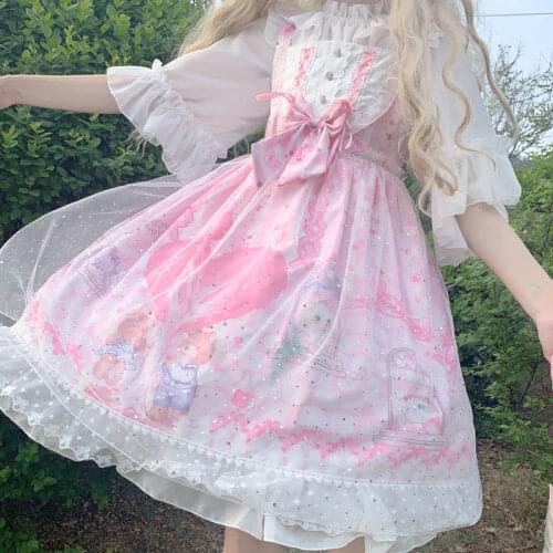 Japanese Style Victorian Sweet Lolita Jsk Dress Daily Summer Kawaii Cartoon Print Sleeveless Sling Dresses Fairy Cosplay Costume