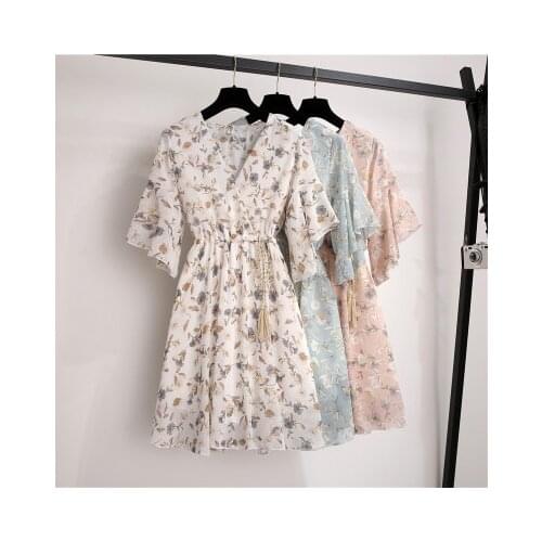 Womens Slim Dress Summer V-neck Floral Chiffon Dress Lotus Leaf Sleeve Elastic Waist Sweet Lining Fashion Short Sleeve Dress