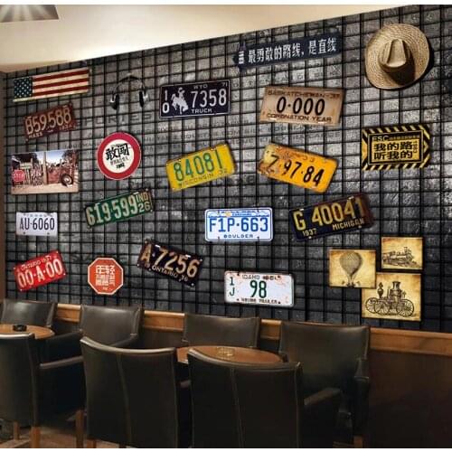 Customized retro nostalgic metal industrial wind cement wall barbed wire license plate background wallpaper mural