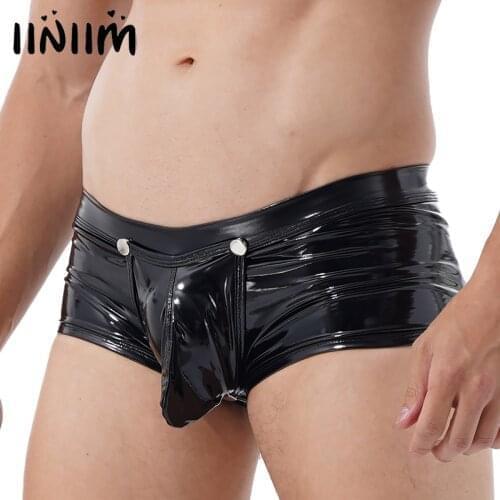 Sex Lingerie for Men Shiny Patent Leather Removable Bulge Pouch Boxer Briefs Mens Panties Wet Look Low Waist Shorts Underwear