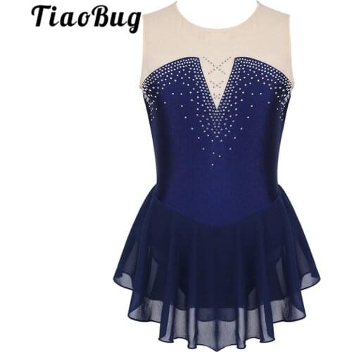 TiaoBug Kids Teens Dancewear Shiny Rhinestone Mesh Figure Skating Dress Girl Ballet Gymnastics Leotard Competition Dance Costume
