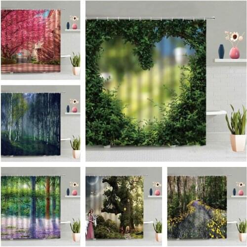 Love Heart Green Plant Shower Curtain Dream Forest Tree Scenic Bathroom Screen Decor Waterproof With Hooks Wall Hanging Curtains