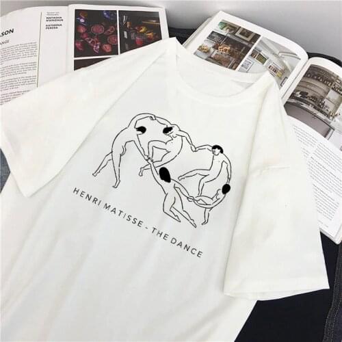 Summer Large Size Loose Casual Fashion Matisse Art Print Cartoon Letter Short Sleeve O-neck tops Female Vintage Loose T-Shirt