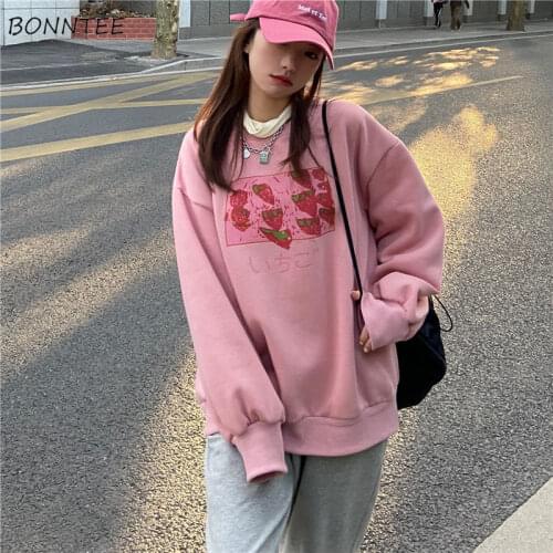 Women No Hat Hoodies Print Lovely Student Korean Version Sweet O-Neck Leisure All-match Ladies Sweatshirts Daily Thicker Autumn