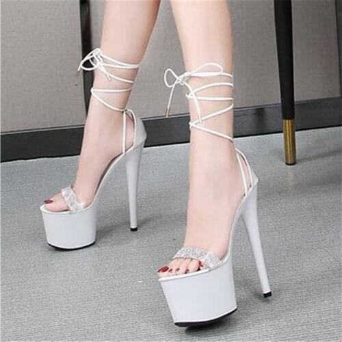 2021 Shoes Lace Up Sandals Women New Summer Fashion 17CM Sexy High Heels Model Catwalk Sandals Size 34-43 Wedding Stiletto Black
