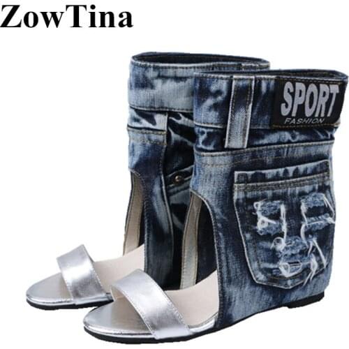 Women Blue Denim Wedge Sandals Gladiator Casual Silver Leather Beach Sandalias Femmes Embroidery Ladies Summer Shoes Zapatillas