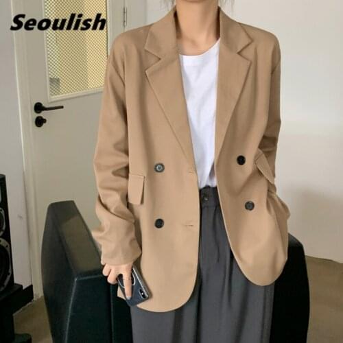 Seoulish New 2021 Classic Double Breasted Womens Blazers Pockets Female Formal Jackets Elegant Loose Outerwear Chic Tops Spring