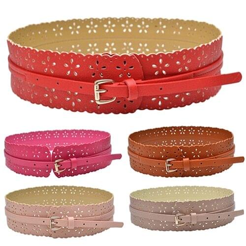 Womens Fashion PU Leather Hollow Flower Waist Belt Wide Buckle Waistband Strap