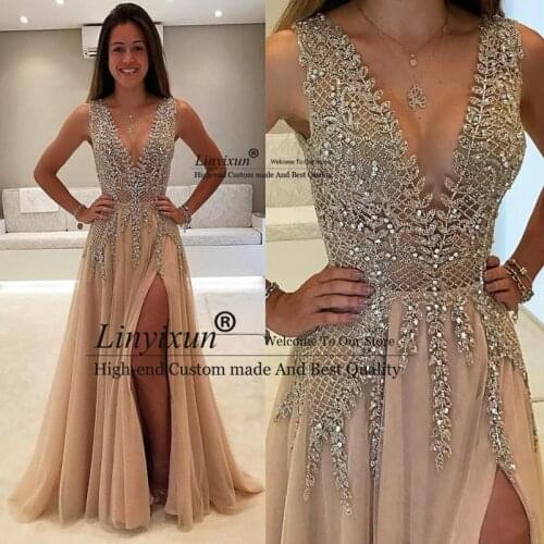 New Style Beaded Long Prom Dresses 2021 vestidos de gala Sexy Backless V-neck Tulle Party Formal Evening Gowns For Women