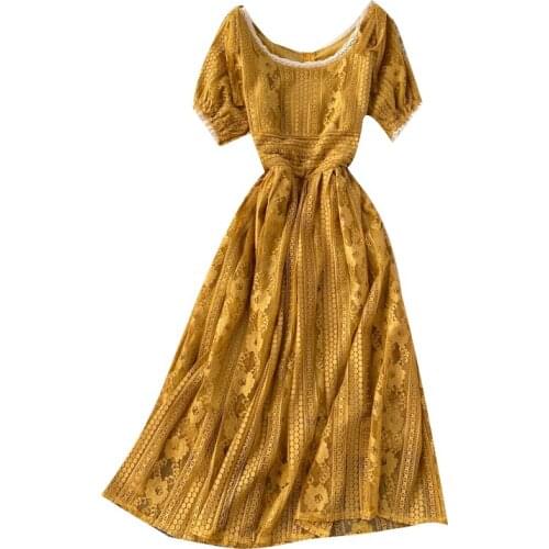 Women Short Sleeve Slim Long Dress High Quality Designer Sweet Hollow Out Lace Runway Dress Vintage vestidos mujer verano 2021