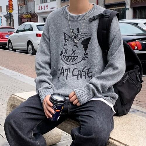ZAZOMDE 2020 Winter New Couple Sweaters Casual Oversize Mens Pullovers Korean Cat Streetwear Graphic Printed Male Sweater