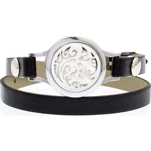 1PC Stainless Steel Perfume Bracelets Tree of Life Aromatherapy Bracelet Black Leather Essential Oil Diffuser Locket Bracelet