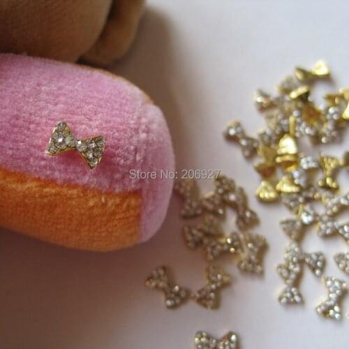 MD-89 10pcs Fancy All Crystal Rhinestone Gold Bow Metal Charms Metal Deco Charms Nail Art
