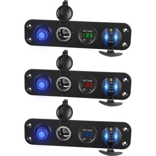Car QC3.0 USB Type C PD Fast Charger LED Voltmeter 12V Power Outlet ON-Off Switch Panel for Car Boat Marine RV Truck SUV Camper