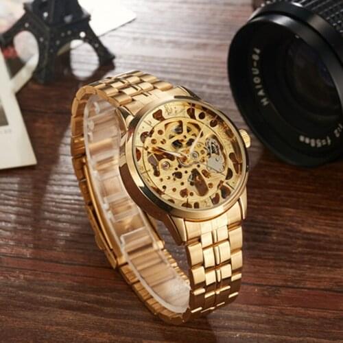 Gorben Gold/Silver Skeleton Mechanical Watch Fashion Business Mens Wristwatch Stainless Steel Male Watch Sports Wrist Watches