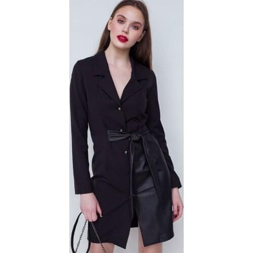 Black Pu Leather Patchwork Mini Dress Elegant Turn-down Collar Long Sleeve Office Lady Dress 2021 Autumn Winter Dress For Women