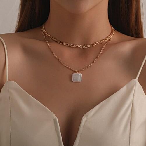 Double Layer Fashion Geometric Square Pearl Necklace Pendant Women Creative Personality Simple Clavicle Choker Necklace Jewelry