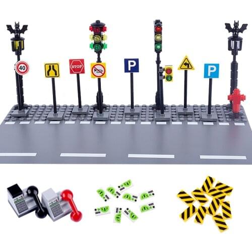 City traffic light signs Street Lamp Road Indicator Train Tracks Building Blocks Figures Accessory Compatible Toys for Children