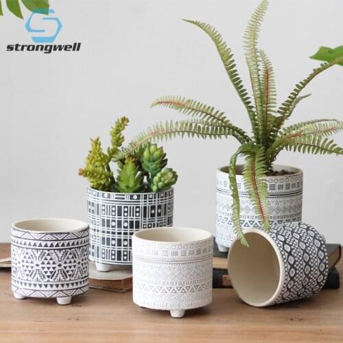 Nordic Creative Pattern Ceramic Flower Pot Desktop Succulent Plant Potted With Foot Indoor Balcony Home Decoration Art Ornaments