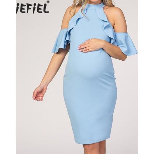 Pregnancy Summer Dresses Pregnant Women Ruffle Off Shoulder Short Sleeve Bodycon Elegant Dress Maternity Ruched Sides Dress